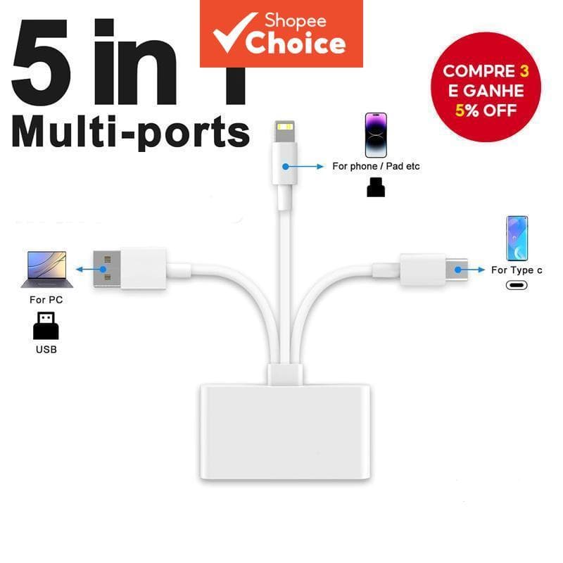 Para iOS Android 5 em 1 leitor de cartão SD TF, adaptador VGA Tipo C USB 3.0 OTG para iPhone, iPad, MacBook
