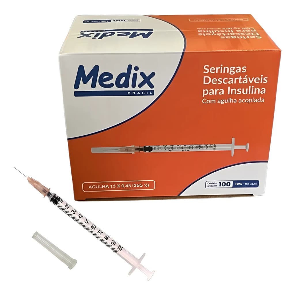 SERINGA DE INSULINA COM AGULHA ACOMPLADA 13 X 0,45MM 1ML LUER SLIP 100UN - MEDIX