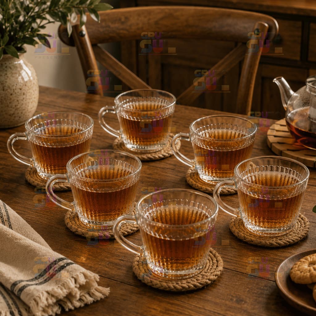 Jogo 6 Xícaras SINO CANELADA 185ml Vidro LINE Café Chá Transparente Mesa Cozinha
