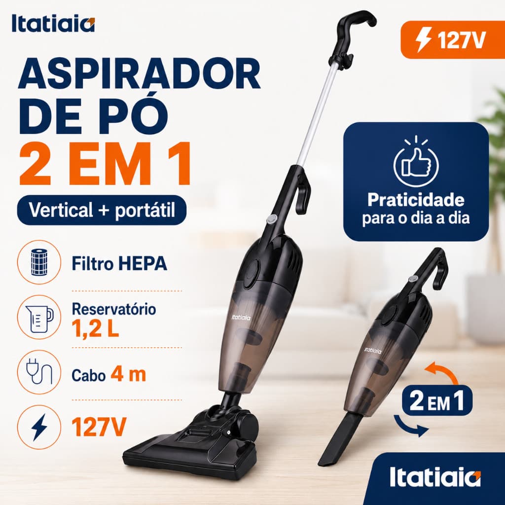 aspirador de pó, vertical, Itatiaia, 2 em 1, 127V, filtro HEPA, reservatório 1,2L e cabo 4m.