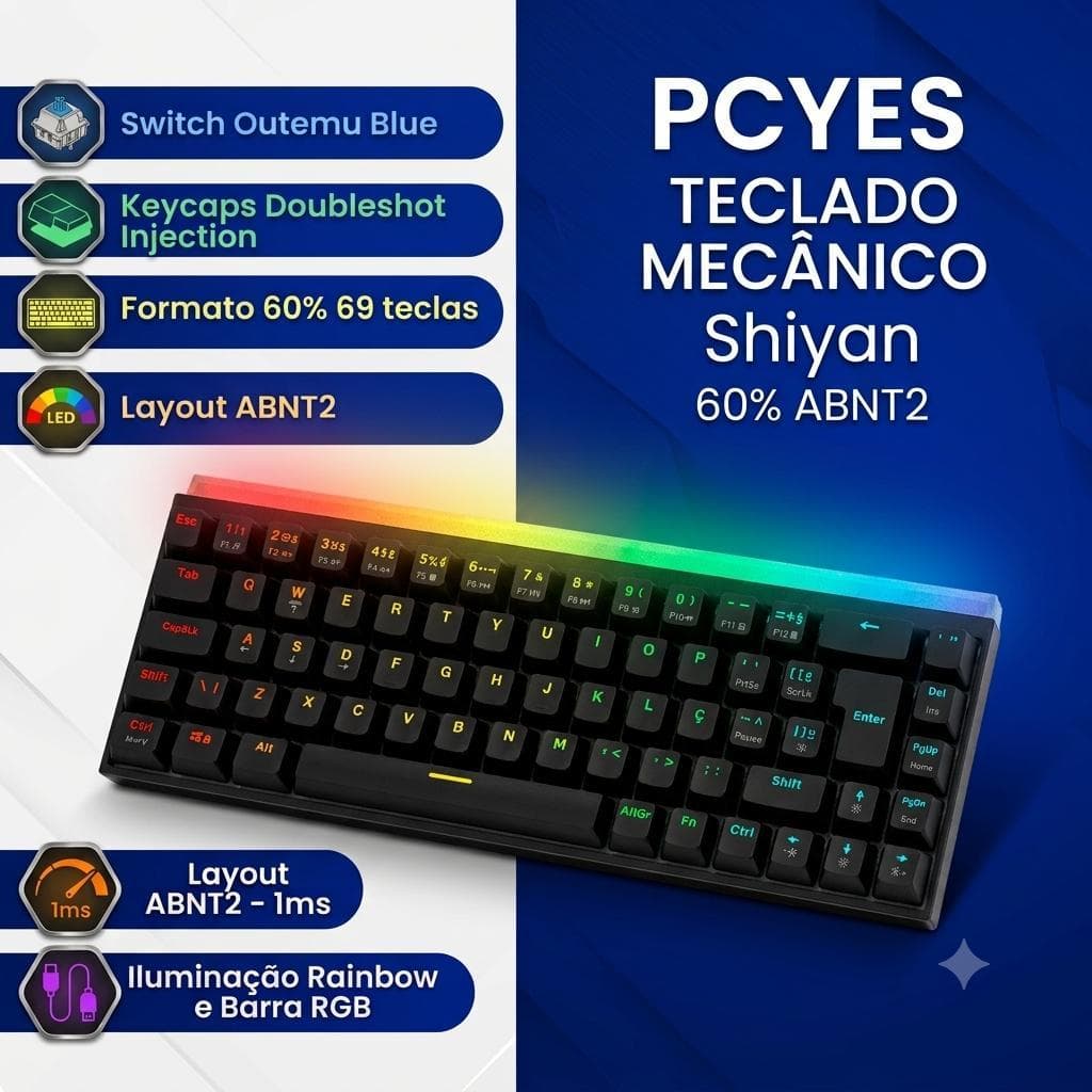 Teclado Mecânico 60% Pcyes Shiyan Black Vulcan Rgb - Switch Blue