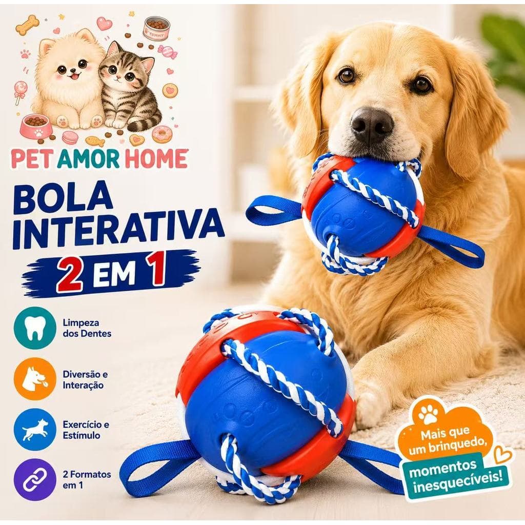 Brinquedo Interativo para Cães Bola Mordedora 2 em 1 com Corda Resistente Limpeza Dental Treino Puxa Puxa