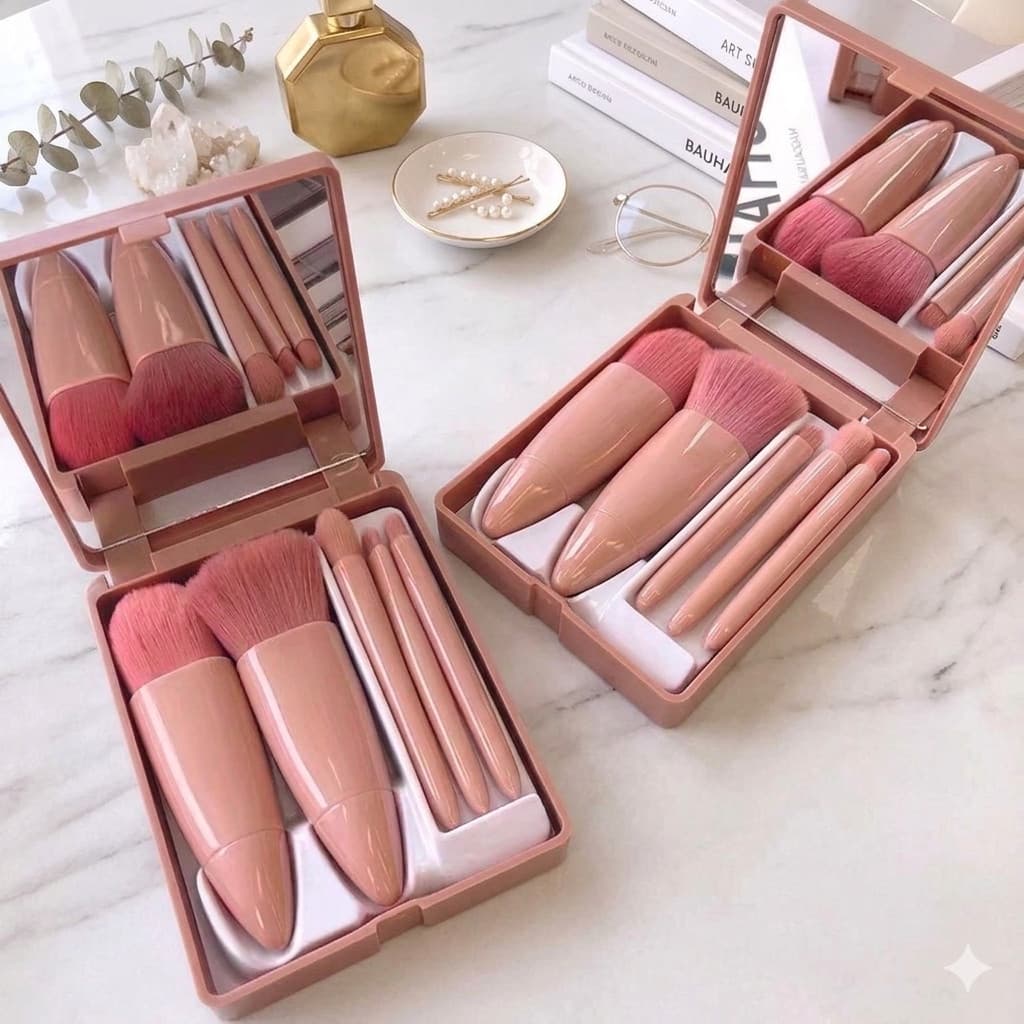 Novos Mini Espelho De Maquiagem Portátil Com 5 Pcs Pincéis De Maquiagem Lupa Mão Segurar Bolso Dobrável