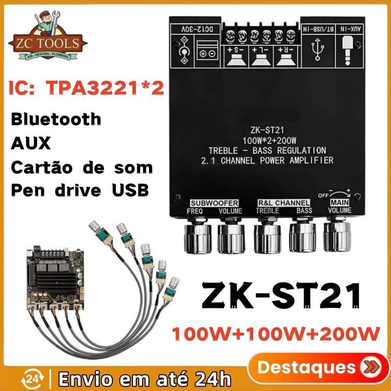 Placa Amplificadora digital bluetooth ZK-ST21 2.1 Canais 100W + 200W chip subwoofer TPA3221 DC12-30V 10A