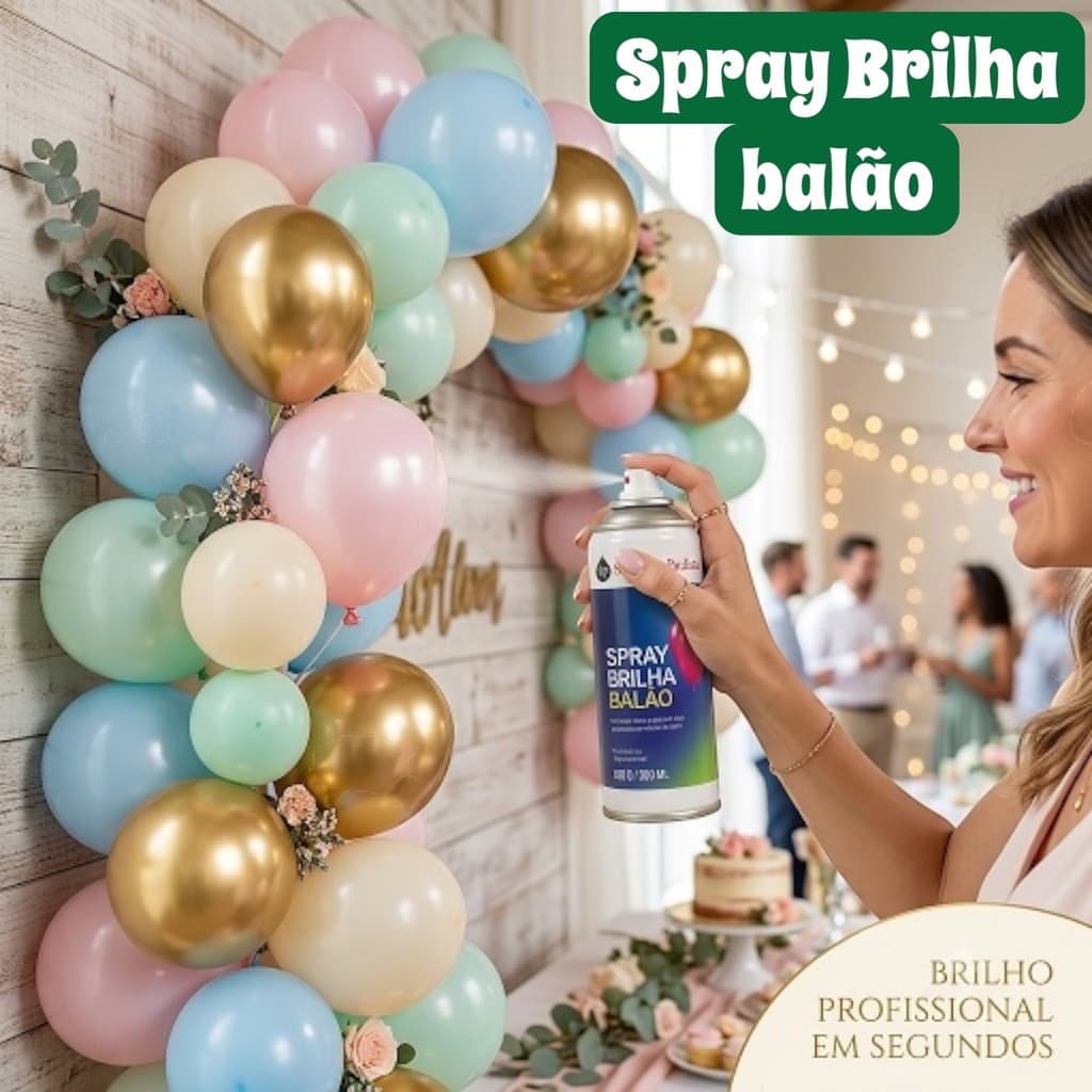 Spray Brilho Balão Látex 300ml Brilha Bexiga Festa Casamento Arco Desfile Acabamento Atóxico