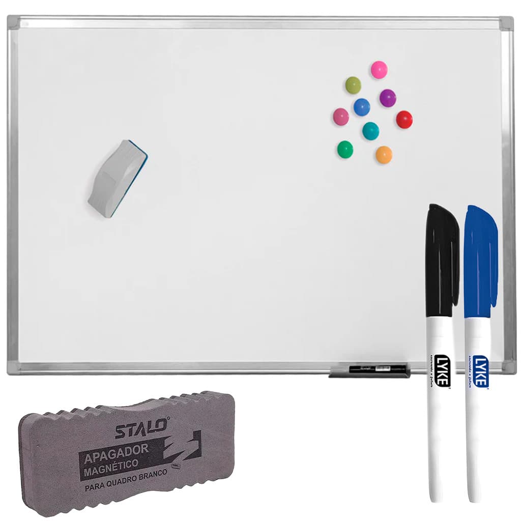 uadro Branco Magnético 100x70cm Lousa Branca Magnética Moldura Alumínio Standart + 2 Canetas + Apagador