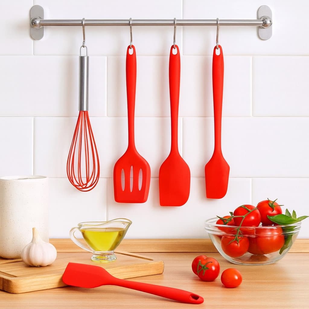 Kit 5 Peças Utensílios Cozinha Silicone Colher Espátula Fue Pincel Concha Pegador Mexer Talheres