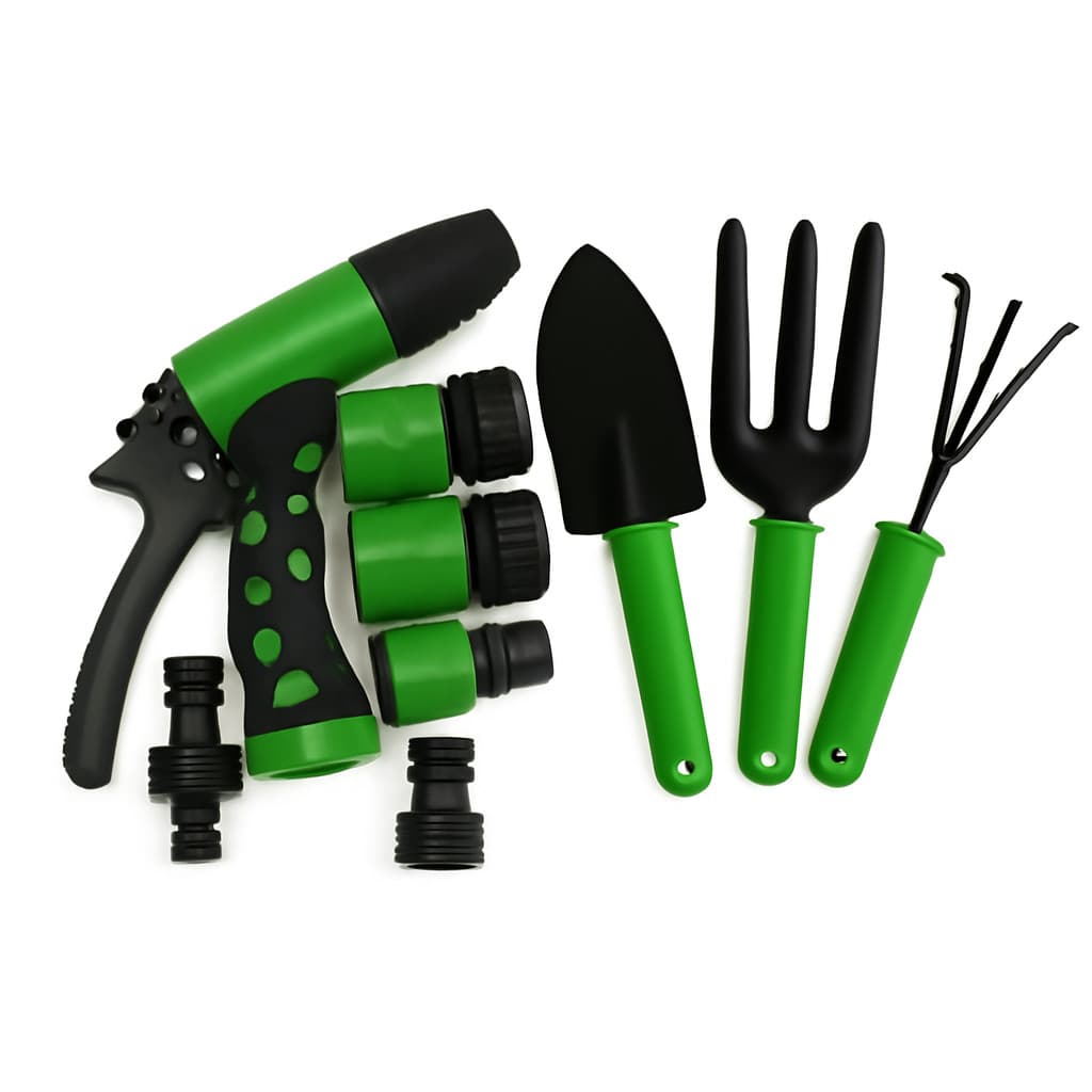 Kit de Jardinagem Completo: Esguicho com Gatilho Regulável e Conectores + Conjunto de Ferramentas: Pá, Garfo e Rastelo