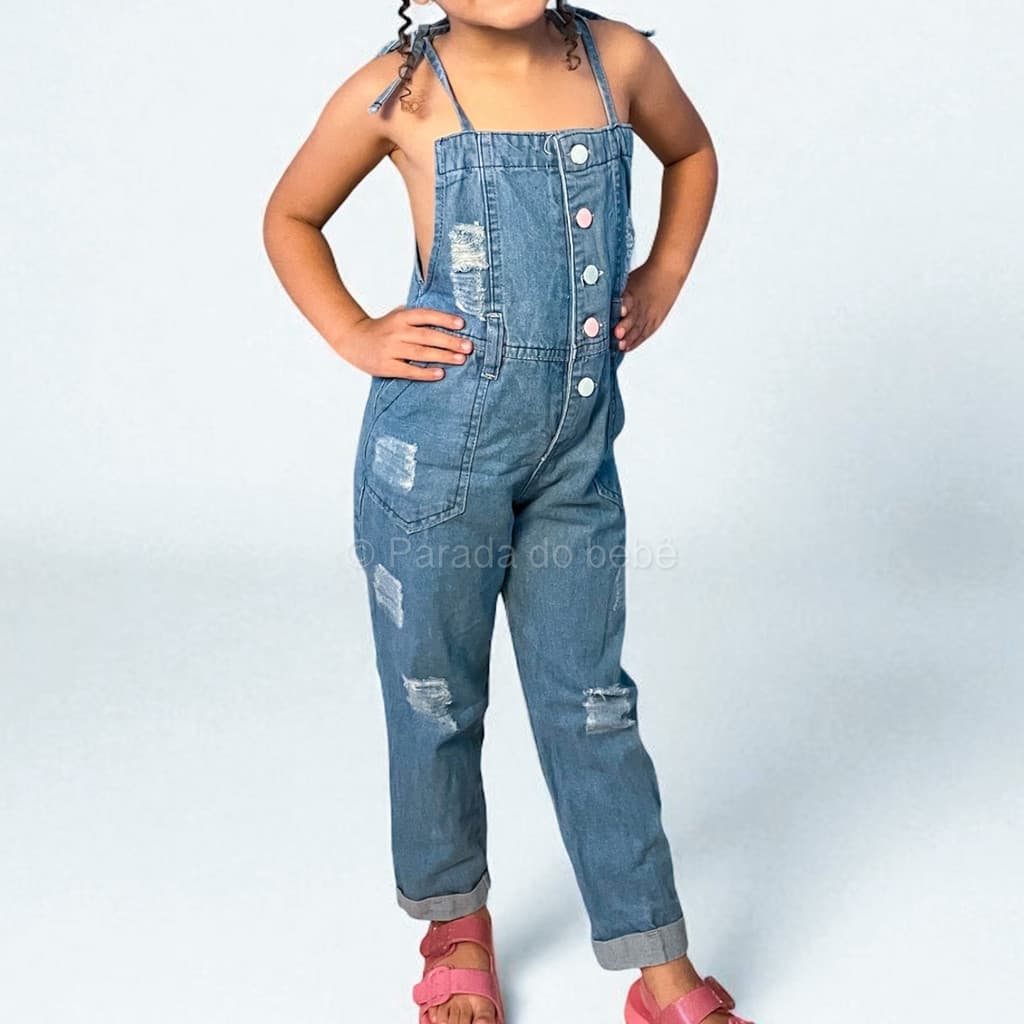 Macacão Jeans Infantil Feminino Jardineira Jeans Menina Criança Estilosa Confortável Tamanhos 4 6 8 10
