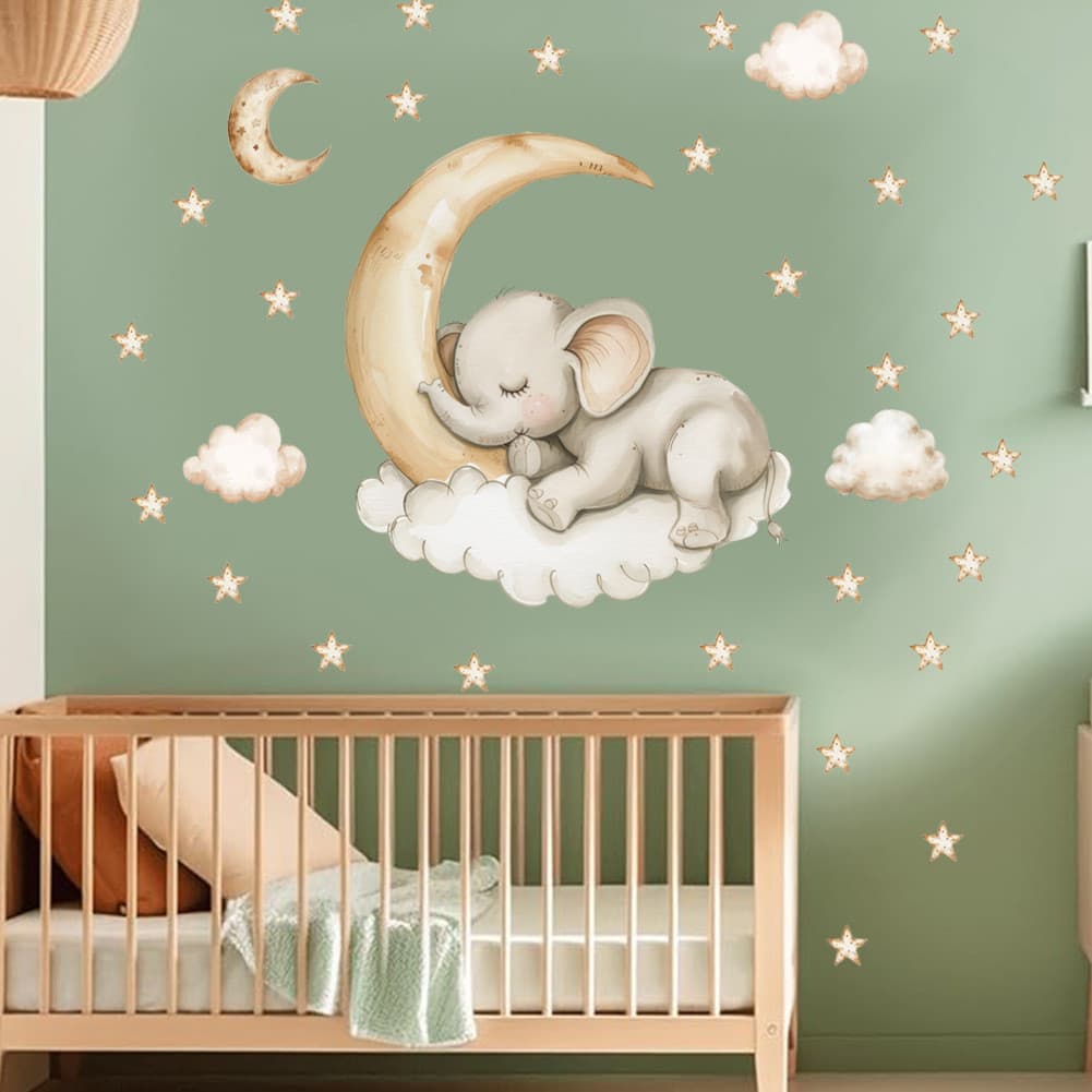 Estrela lua nuvem bebê elefante adesivo de parede quarto das crianças decoração do jardim de infância auto-adesivo