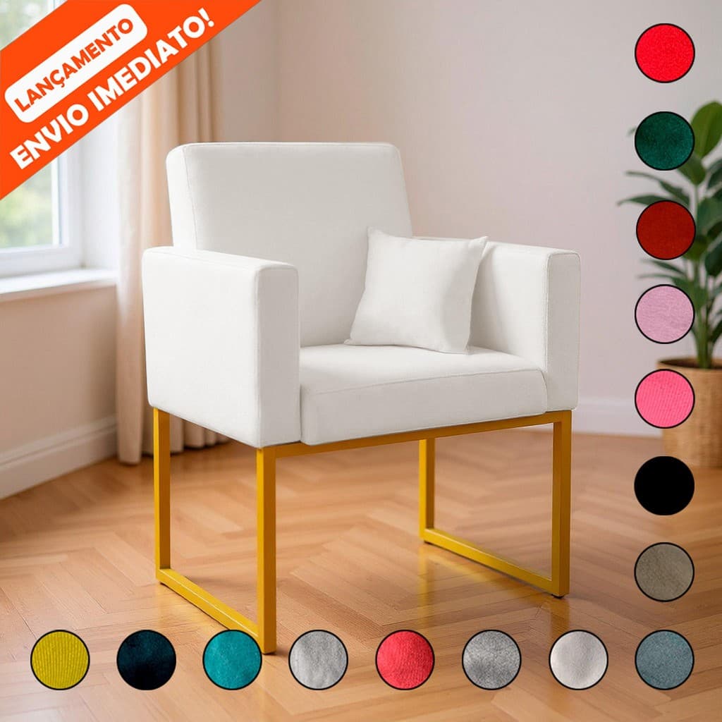 Poltrona Decorativa Para Sala Nina Base de Ferro Dourada Com ou Sem Almofada Aninha Decor