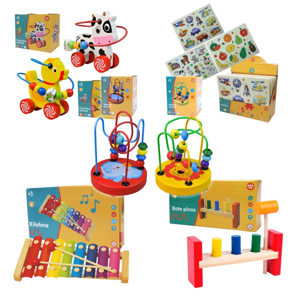 Brinquedos Montessori de Madeira Xilofone Aramado Bate Pinos e Quebra-Cabeça Educativo Infantil