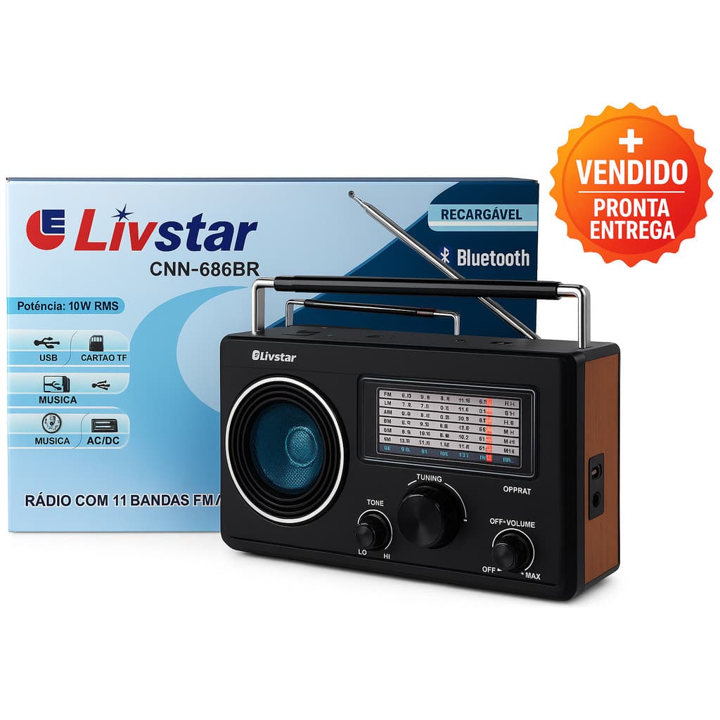Rádio Retro Recarregável Portátil Bluetooth 11 Bandas FM AM SW USB TF Som Potente 10W
