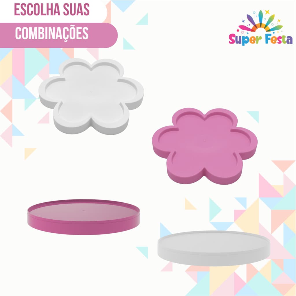 Kit 4 unidades Bandejas Sortidas - Redonda 23cm + Flor 25 cm - Várias Cores Sortidas