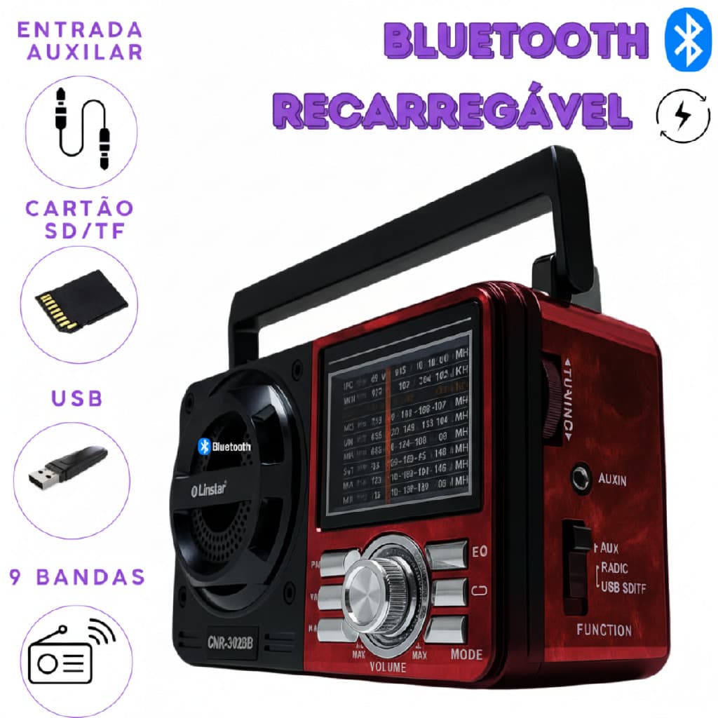Rádio Retrô Vintage Portátil Bluetooth A Pilha E Tomada Am Fm Sw Pendrive Com Sd Usb Vermelho