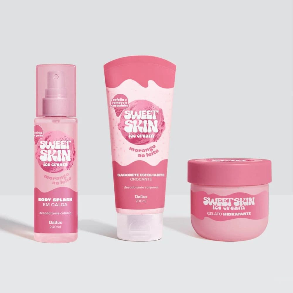 Sweet Skin Dailus Mousse Morango Leite Ice Cream 200ml Linha Corporal Body Splash Creme Esfoliante