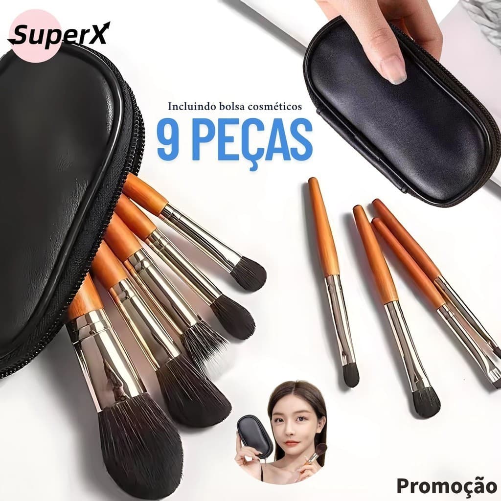 Kit Portátil com 9 Pincéis de Maquiagem – Mini Conjunto com Pincel para Blush e Sobrancelhas