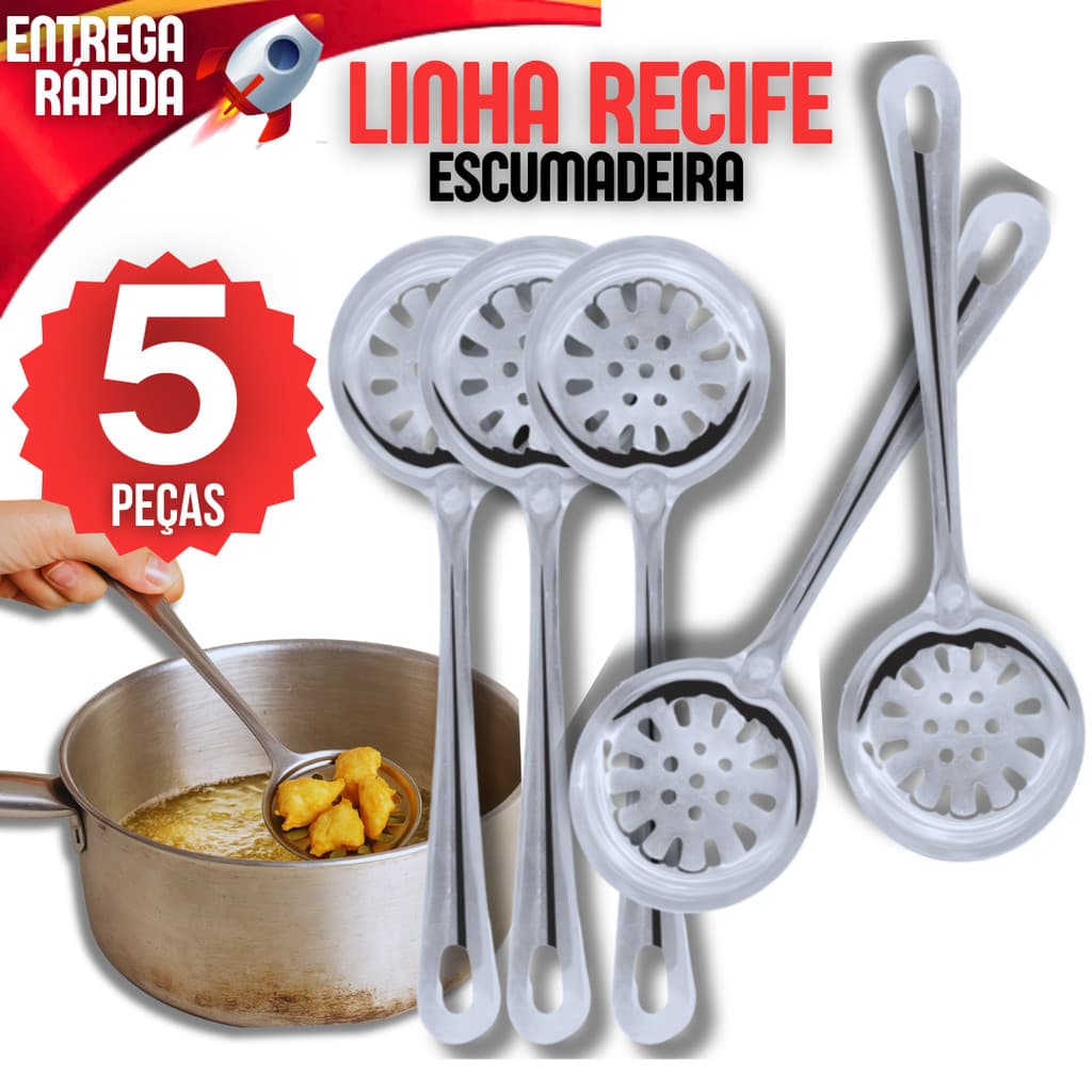 Kit 5 Escumadeira Resistente Fritura Inox Batata Pastel Resistente Multiuso Universal Cozinha Casa