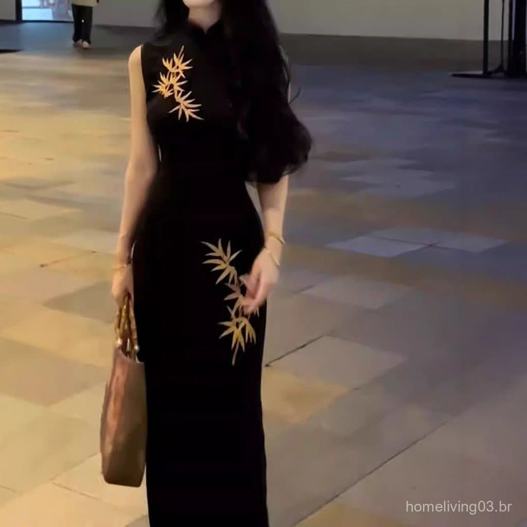 Vestido cheongsam sem mangas aprimorado, novo modelo primavera/verão 2025, novo estilo chinês, vestido elegante e sofist