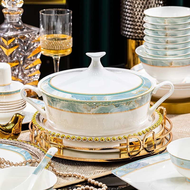 Conjunto de pratos e tigelas de cerâmica Jingdezhen para uso doméstico, presente corporativo, conjunto de utensílios de