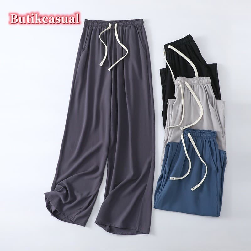 Calça Masculina Rayon Perna Larga Verão Fina Cor Sólida Bolso Solto Casual Para Casa Ao Ar Livre