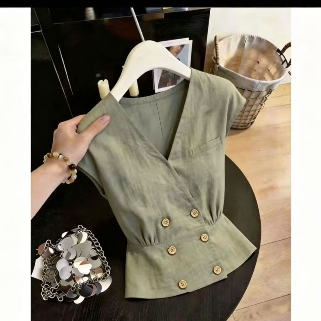 Camisa Verde Com Decote Em v Estilo Francês 2026 Novo design ni Nicho Top Feminino Txt061501txt Txt Txt061501