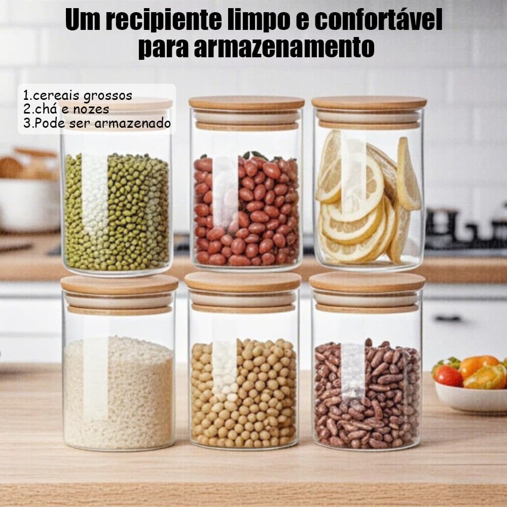 Pote Vidro Resistente Hermético Anti Umidade Anti Vazamento Tampa Bambu 200ml Frescura Alimentos Por Mais Tempo