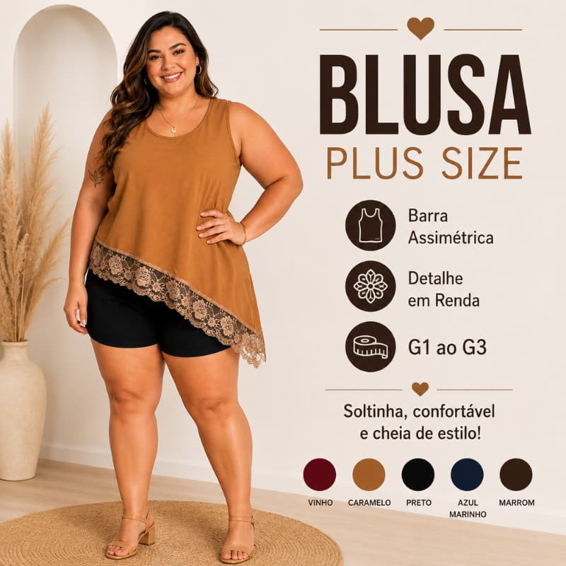 Blusa Plus Size Feminina Duna Regata Soltinha com Renda Barra Assimétrica G1 G2 G3 |4245| Promoção