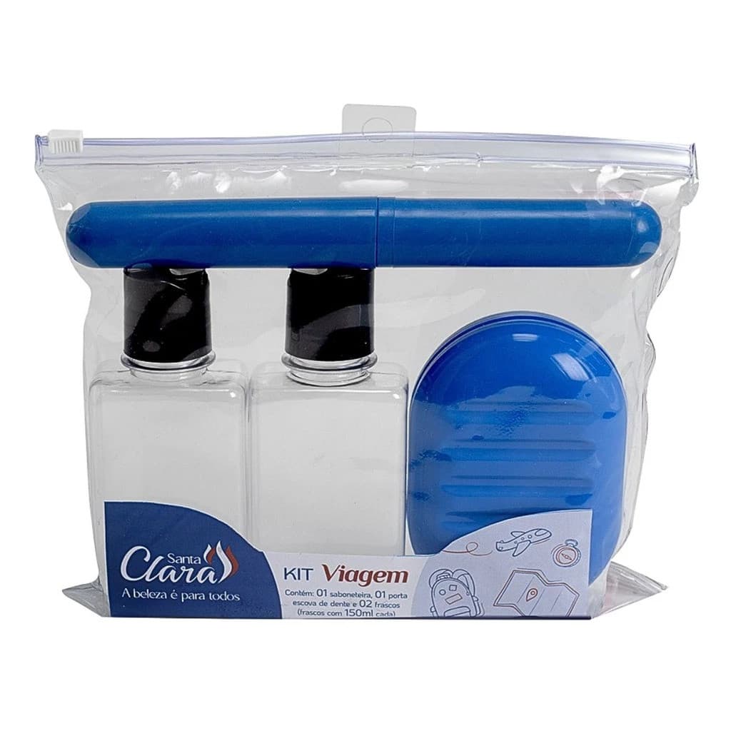 Kit Viagem Santa Clara 4 Peças Azul Porta Escova Saboneteira Frascos 150ml Original