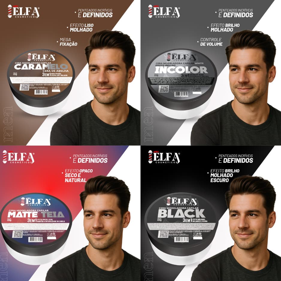 Cera Elfa For Man 120g – Escolha Incolor, Black, Caramelo ou Matte-Teia | Alta Fixação