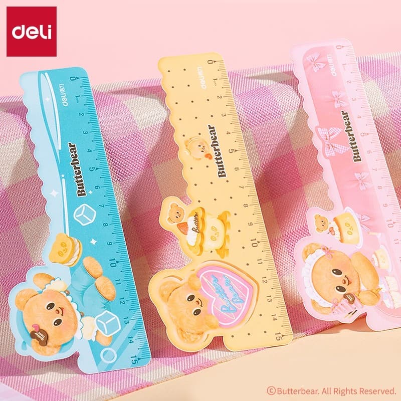 Deli Butter Bear Régua macia Régua de peça de 15 cm Régua de plástico transparente espessada com linha ondulada de