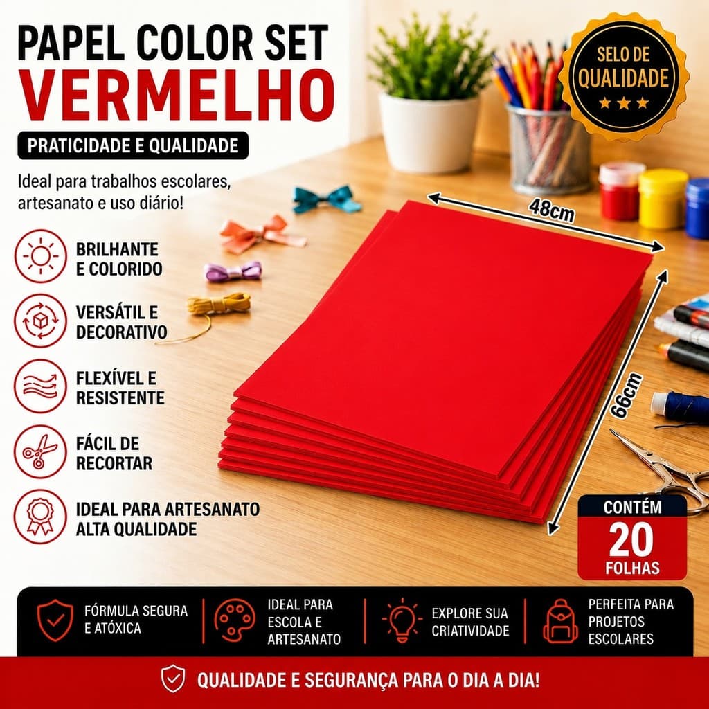 Papel Color Set Vermelho 48 cm x 66 cm Pacote com 20 Folhas Papelaria Artesanato Escola Arte