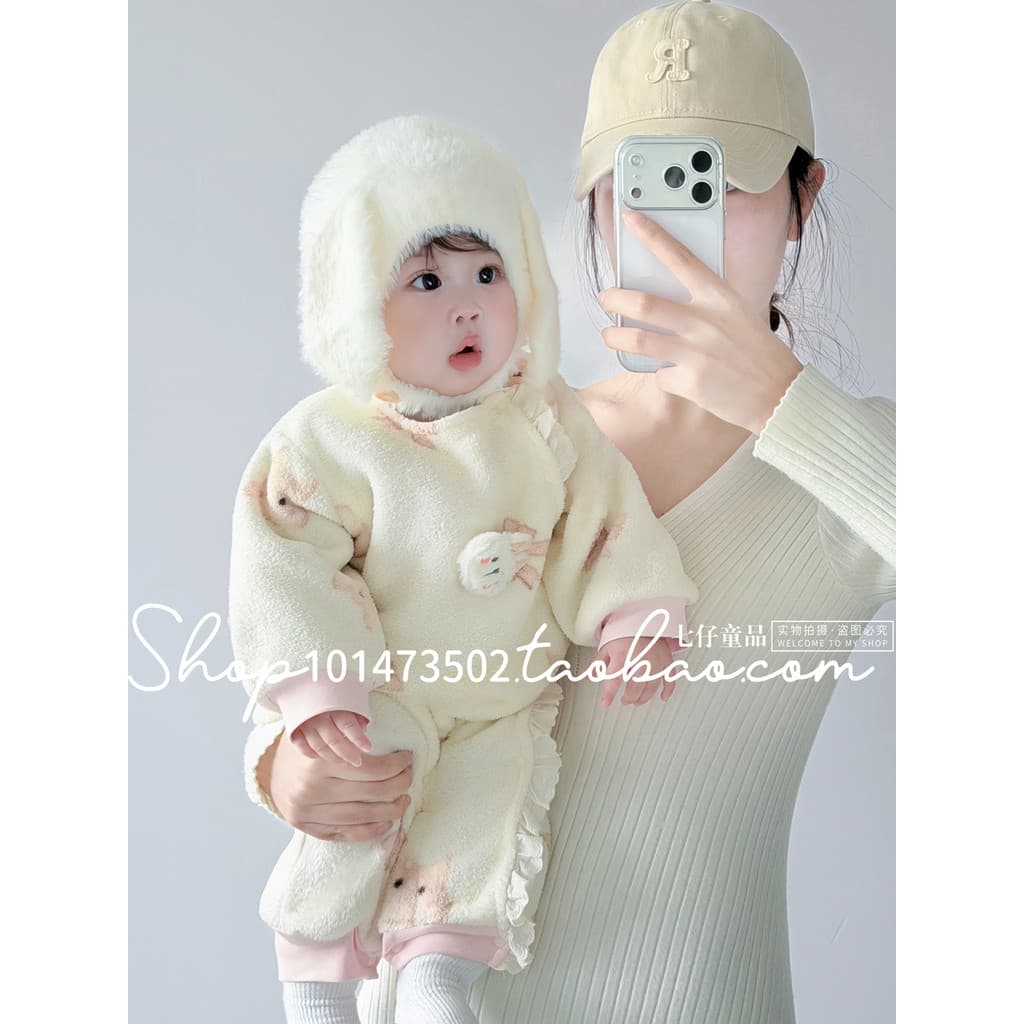 Outono inverno bebê forro de lã quente macacão bebê menina renda Super bonito roupas para casa macacão Outing roupas
