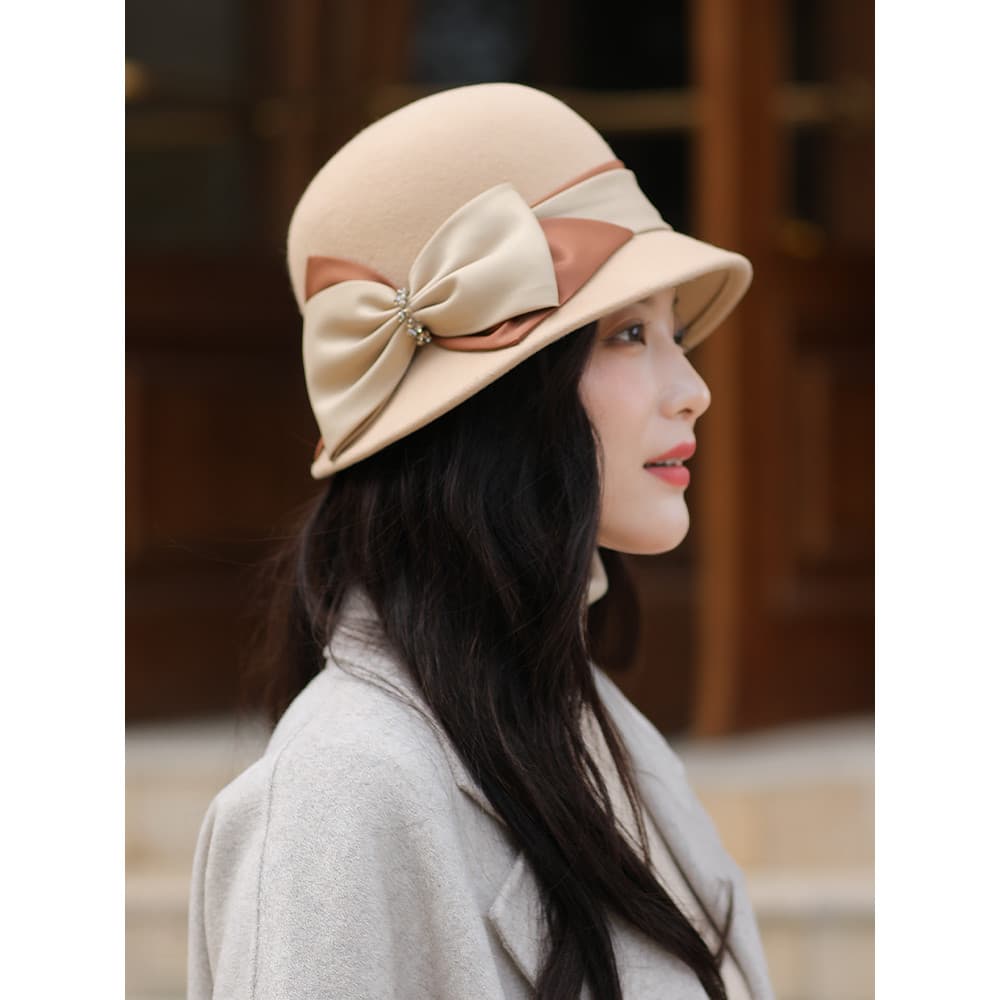Outono inverno chapéu feminino britânico Retro arco balde chapéu senhoras moda chapéu de feltro de lã versão coreana All