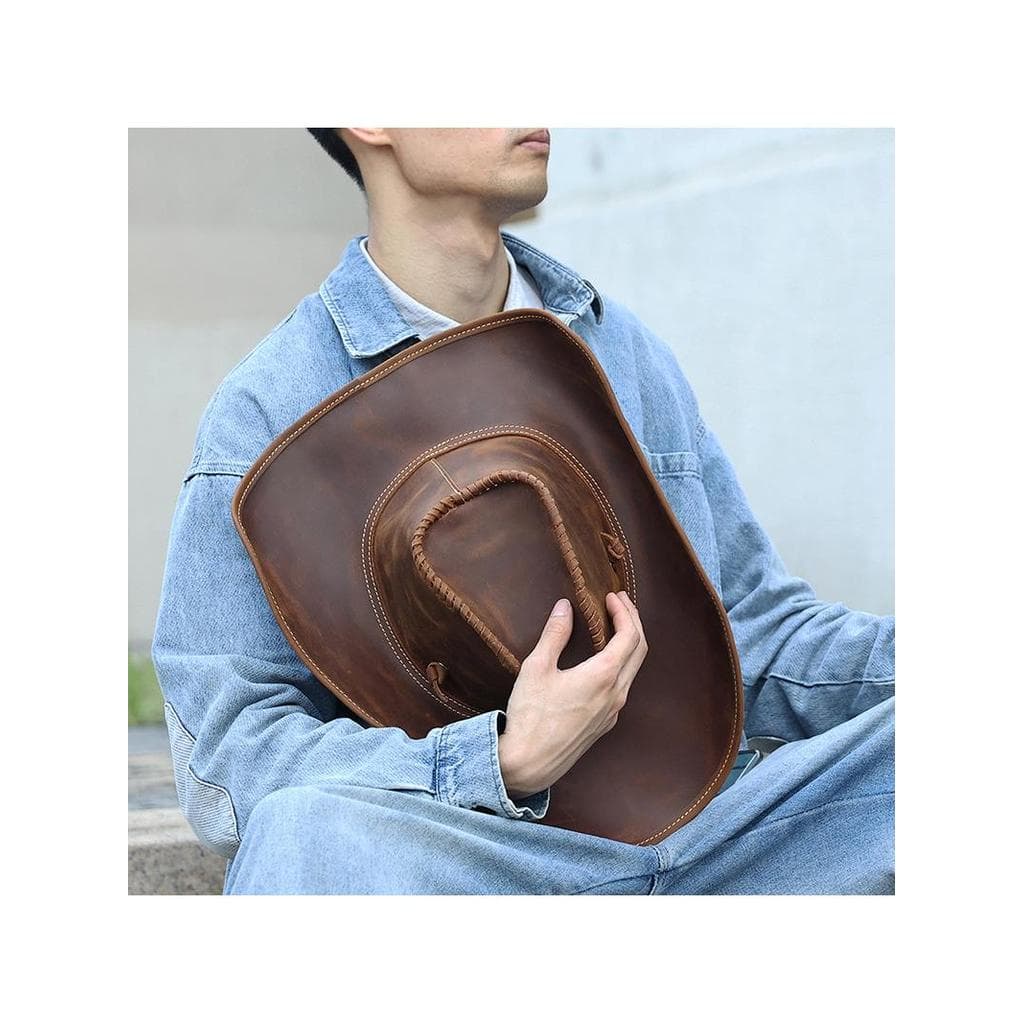 Novo estilo masculino feminino Retro ao ar livre chapéu de sol cavalo louco couro cavaleiro chapéu couro genuíno único o