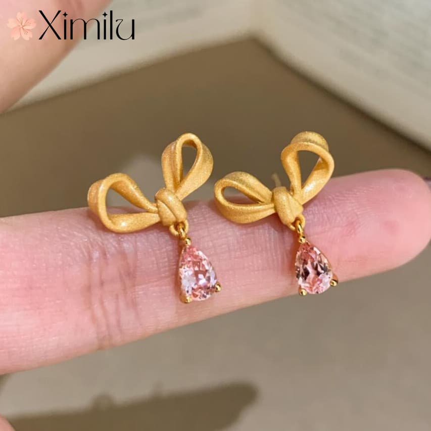 ❤ Nova luz de luxo simples estilo princesa fita de seda arco brincos senhoras All-Match Design jóias de casamento