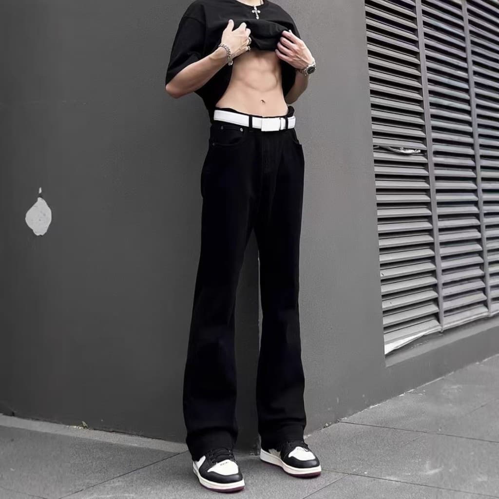 Jeans queimados americanos masculinos estilo Preppy nicho juvenil 2026 preto alto estiramento Slim-fit Machete jeans