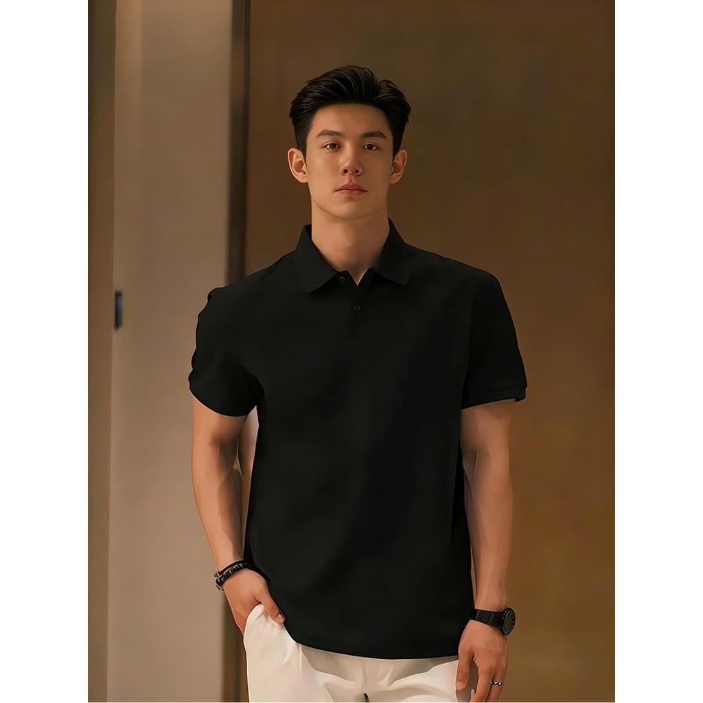 Camisa polo masculina preta de manga curta verão plâncton bonito luz estilo maduro maduro maduro estável roupa masculina