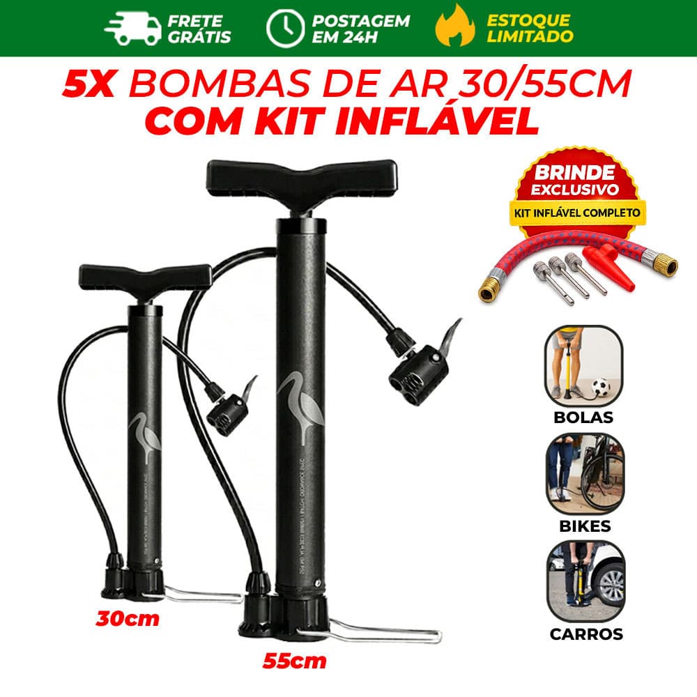 Kit 5x Bombas de Ar Extra Forte 30/55cm com Bico Adaptador Para Pneu Bike Moto Bola Bicicleta Boia