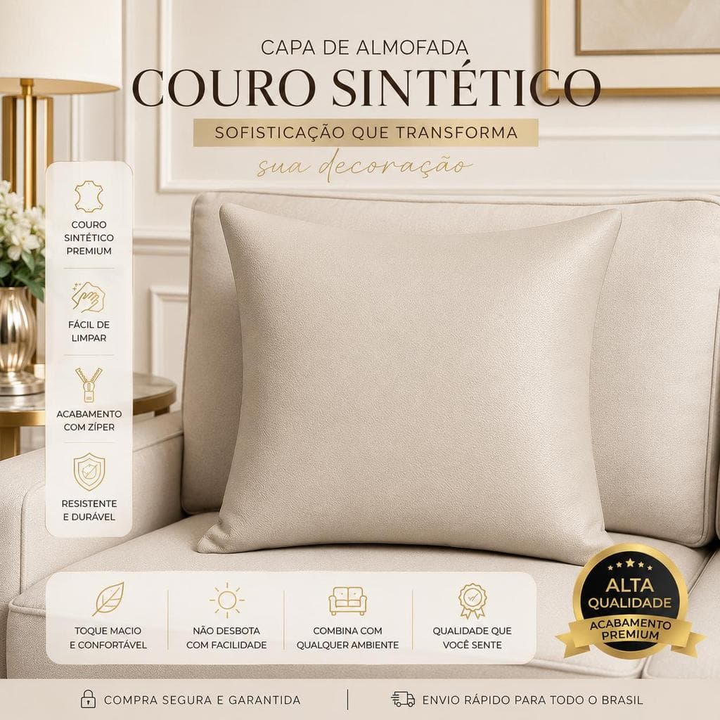 Kit Capa de Almofada Em Courino Premium 45cmx45cm Zíper Invisível Decorativa Sofá Sala Cama Quarto