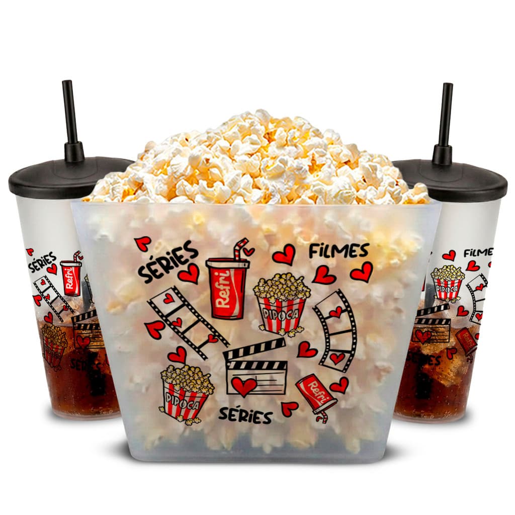 Kit Cinema Balde de Pipoca 4,2L + 2 Copos eco Séries Filmes