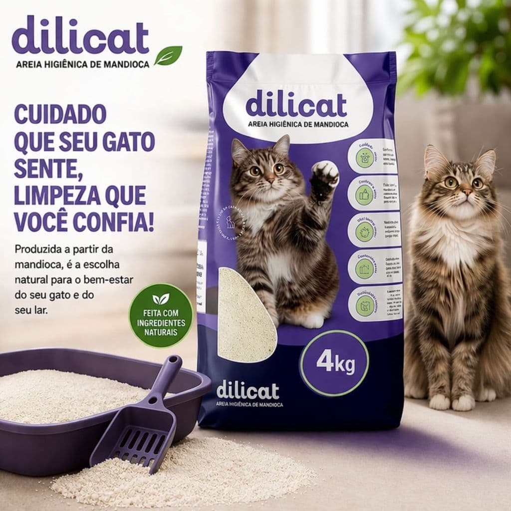 Areia Higiênica Biodegradável DiliCat Mandioca Grãos Finos Dilicat 4kg Torrão Firme