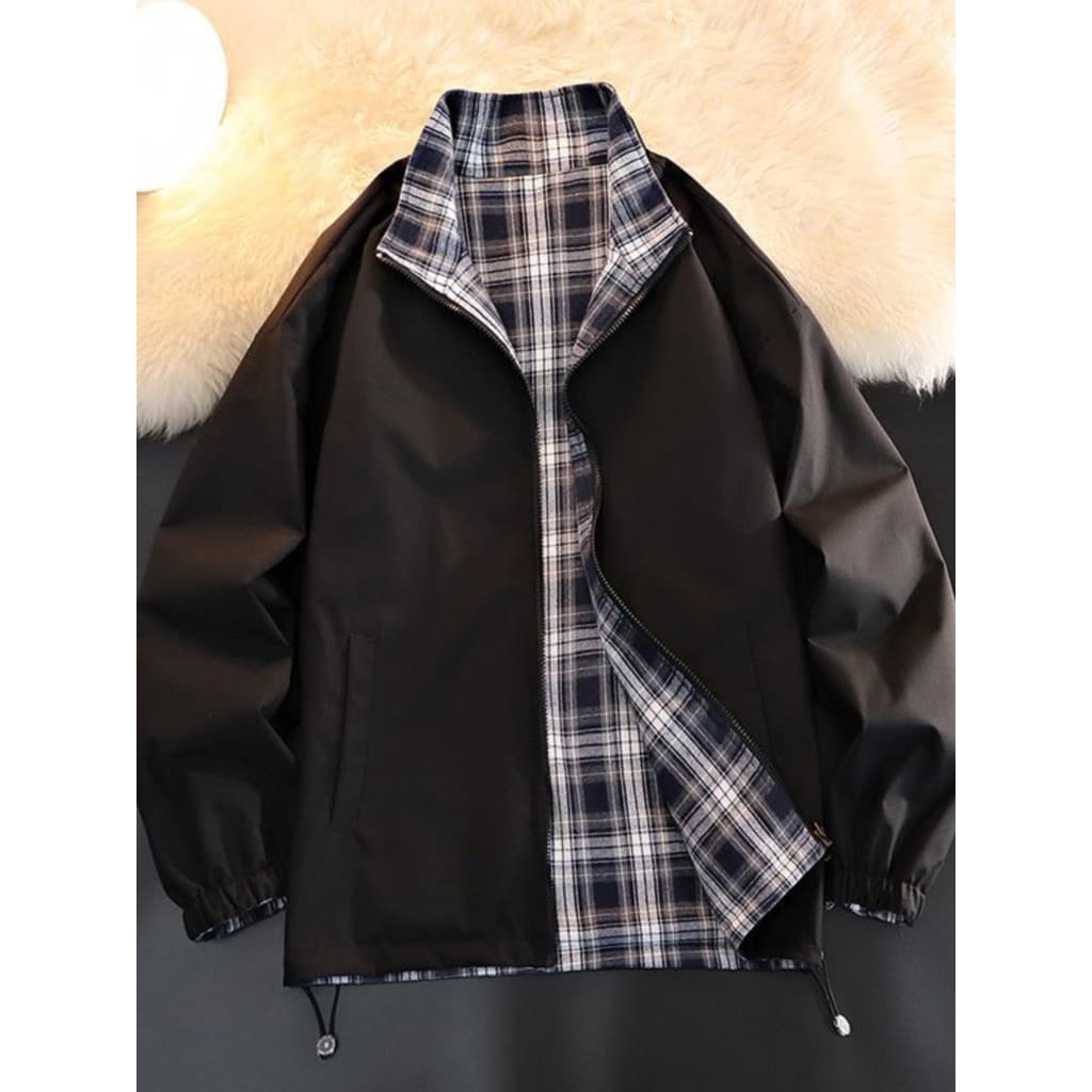 Primavera outono dupla face verificado jaqueta masculina gola alta Casual Street Wear rufião bonito estilo americano fre