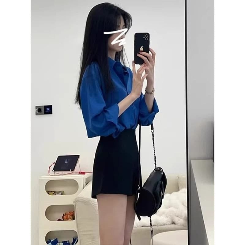 2025 novo estilo Klein azul camisa de manga comprida jaqueta feminina protetor solar camisa temperamento solto francês e