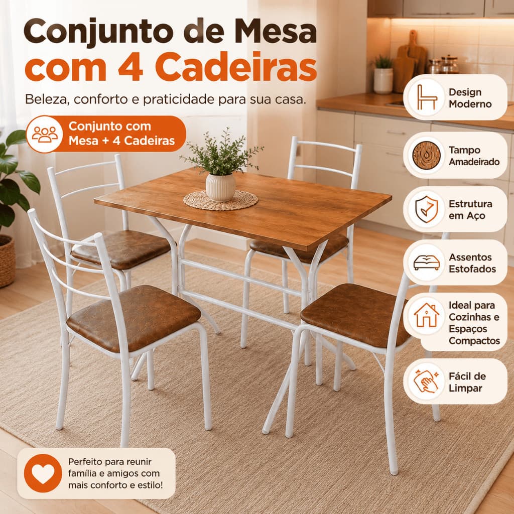 Mesa Para Sala de Jantar Confortase 4 lugares - 4 Cadeiras Tubulares Aço