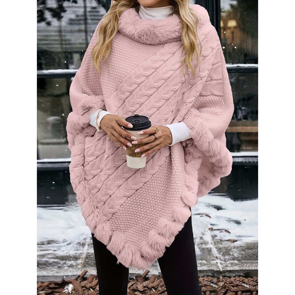 Xale Feminino de Outono, Capa Solta de Inverno com Gola de Pelo Sintético, Elegante e Estiloso, Xale de Sarja para Mulhe
