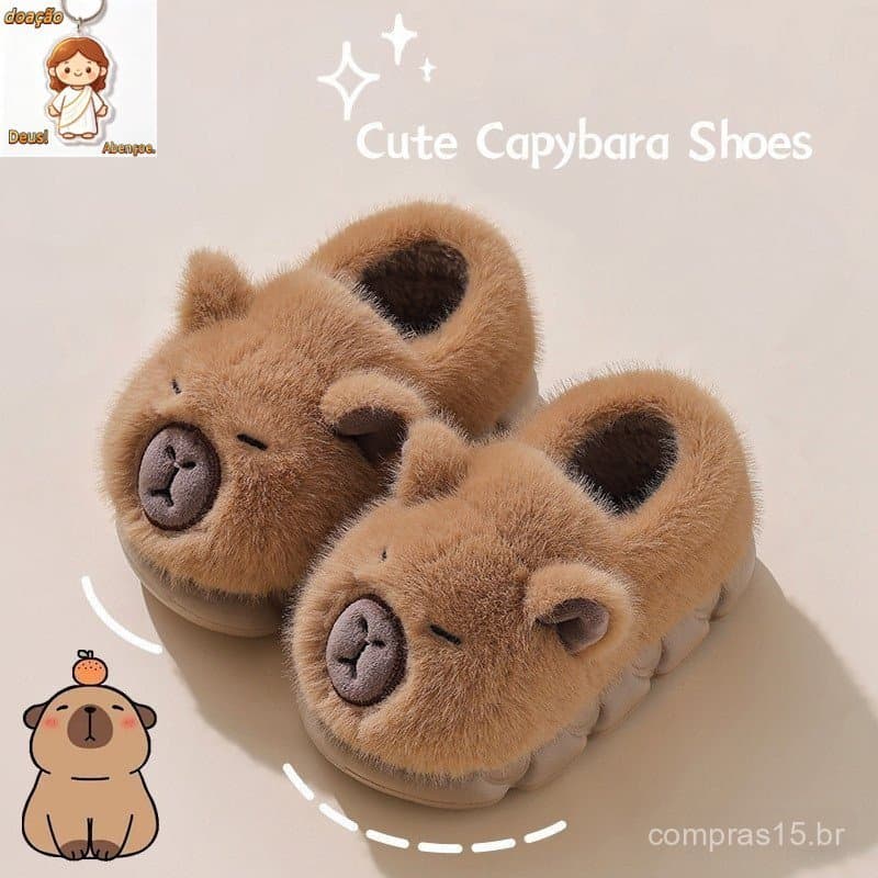 Pantufas de Algodão de Capivara Fofas para Crianças, Inverno, Interior, Antiderrapantes, Sapatos de Sola Macia para Meni