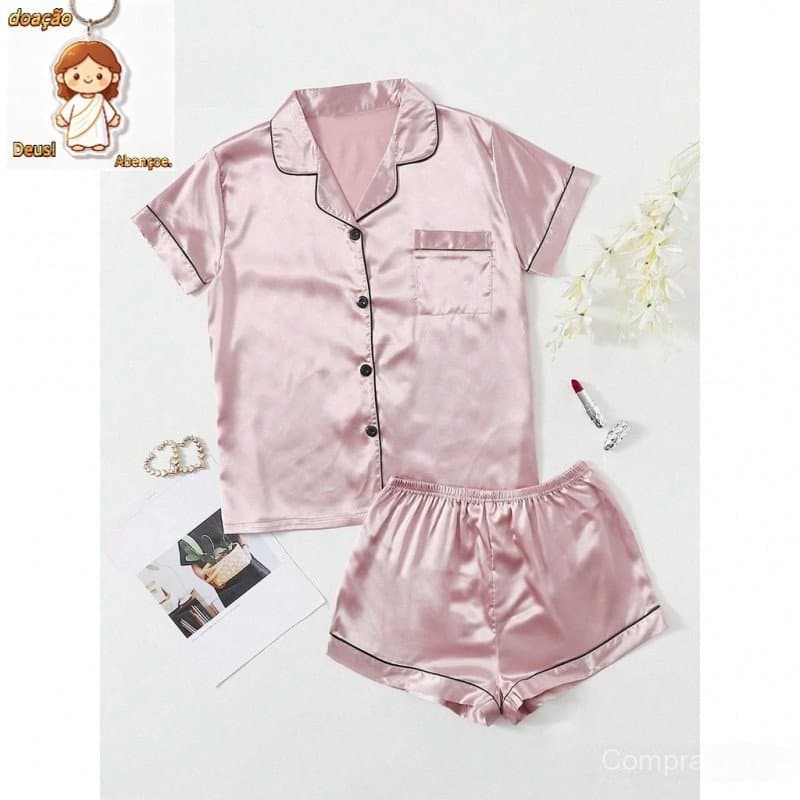 Conjunto de Pijama Feminino Shorts de Seda Gelada Solto Plus Loungewear