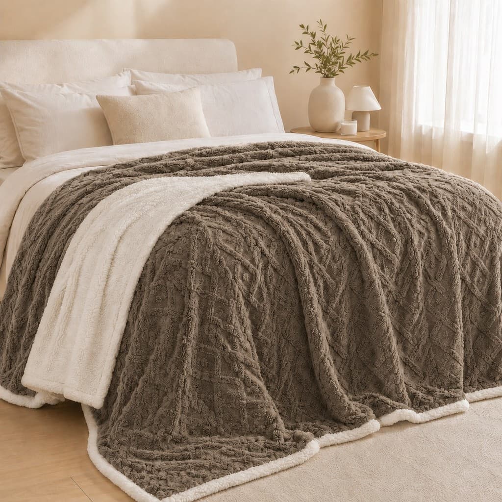 Coberdrom Glamour Casal 1,90x2,10m Sherpa Dupla Face Toque Aveludado Alto Relevo Para Cama Sofá e Dias Frios Quente