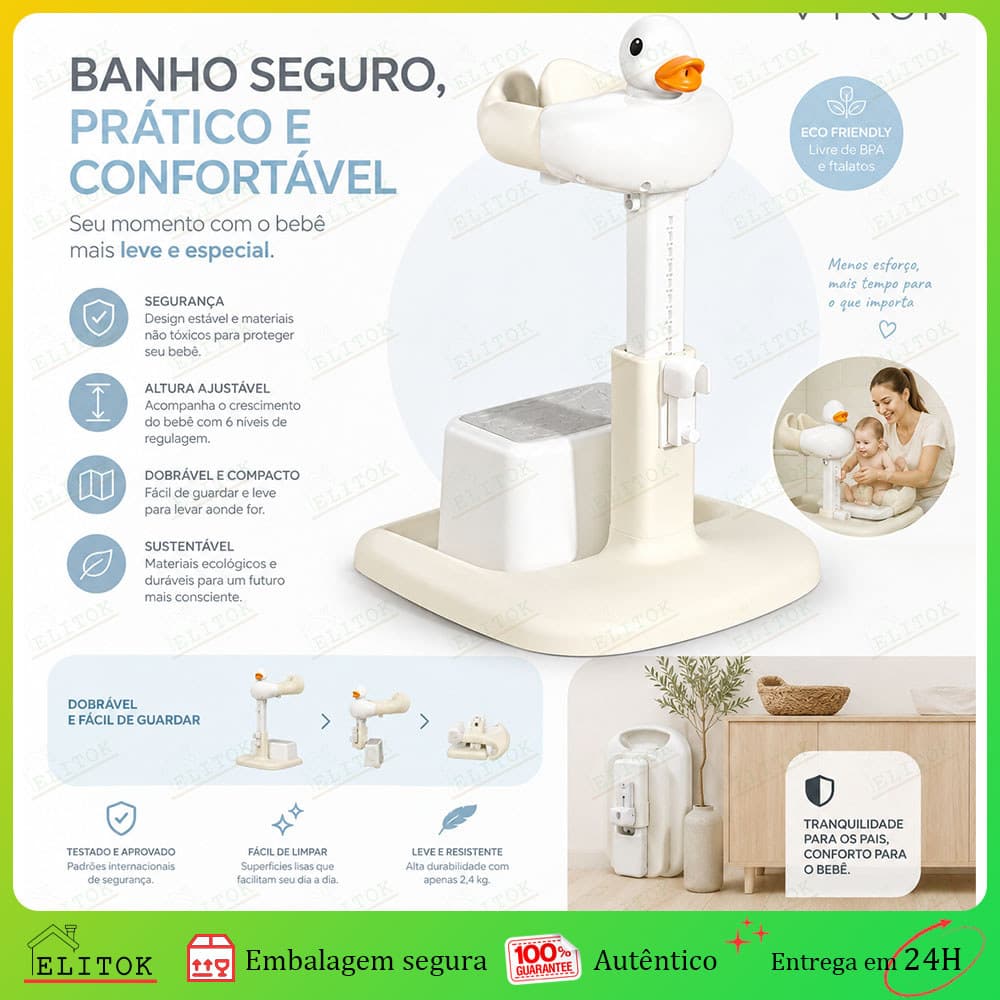 Banheira Auxiliar para Bebê Ficar em Pé Suporte Ajustável com Base Antiderrapante e Banquinho de Segurança